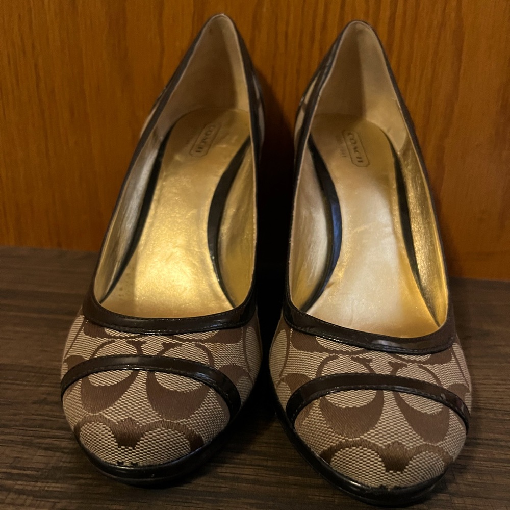 Coach, wedge, size 9 shoes. Brown and gold. Cover photo is the real color.